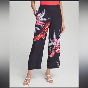 Chico's Floral Print Soft Cropped Wide Leg Elastic Waist Pants Size 14P